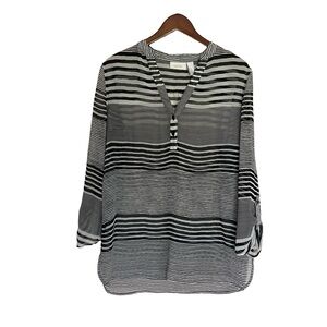 Chico’s Blouse Women’s Size 1 Medium 8 Sheer Black White Stripe Roll Tab